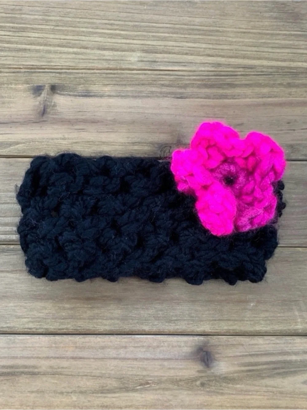 Black Crochet Headband with Hot Pink Flower - Kids Accessories